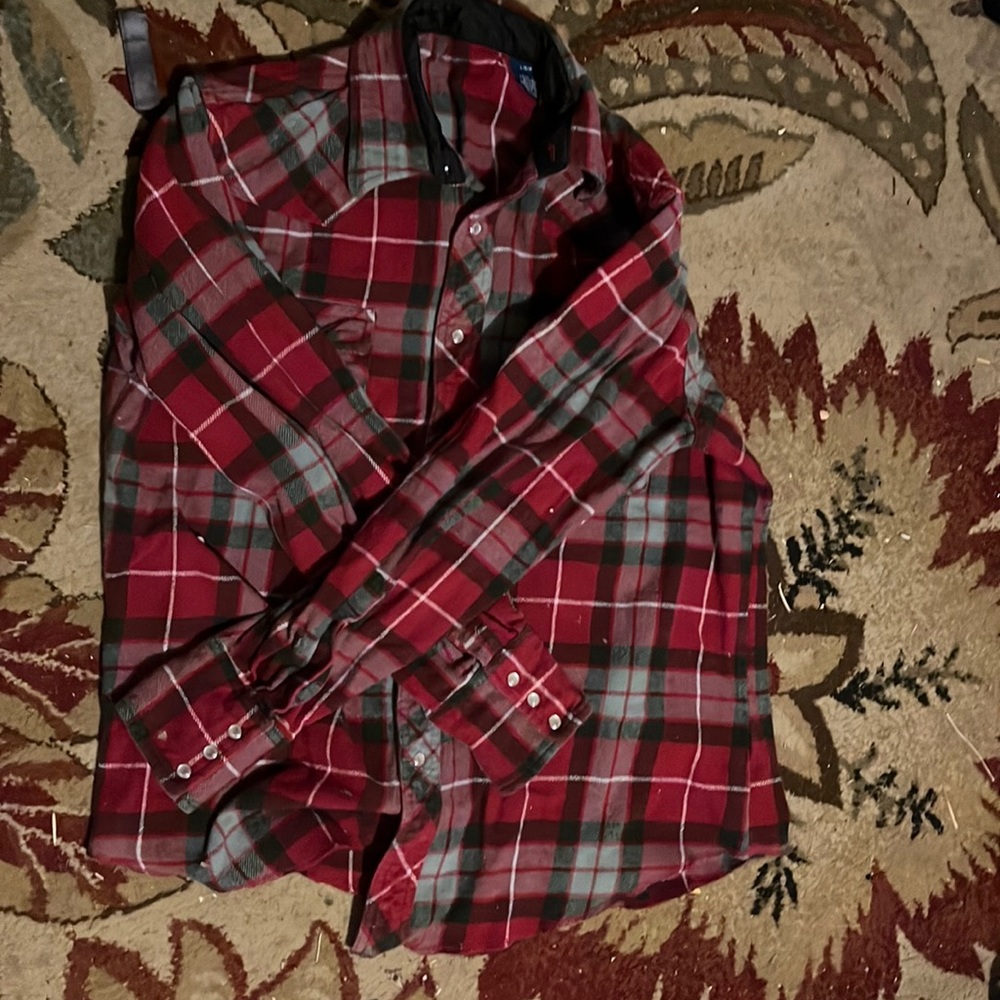 Wrangler red and grey checked pearl snap western 100% cotton flannel shirt